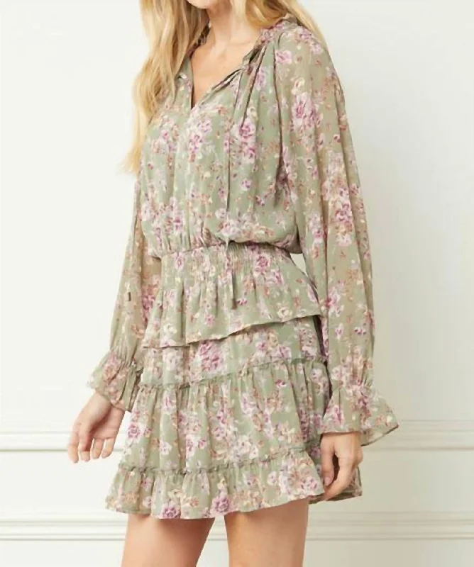 Mini Floral Print Dress in Olive