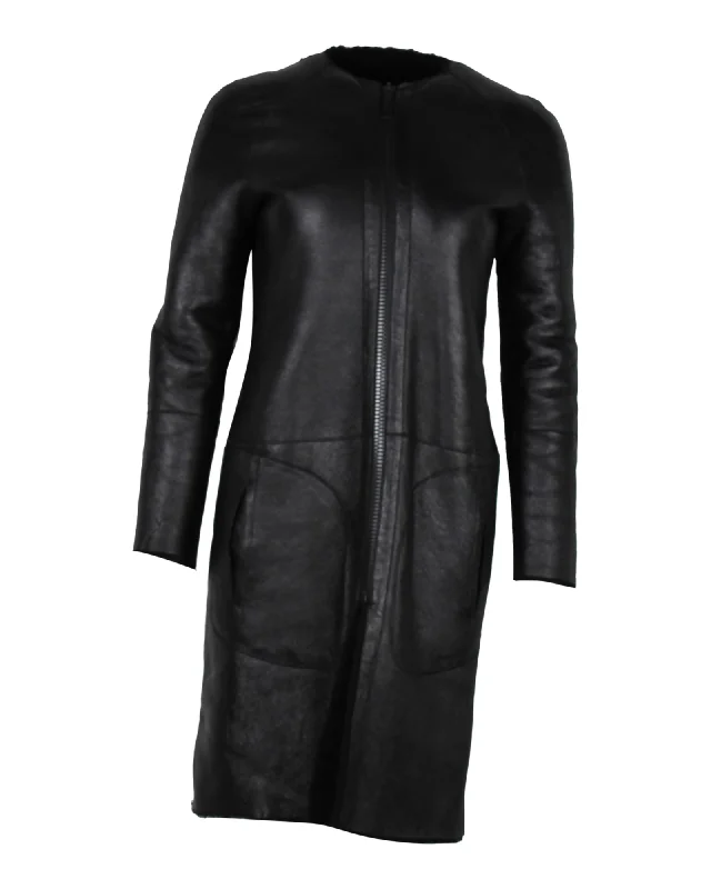 Celine Collarless Coat in Black Lambskin Leather